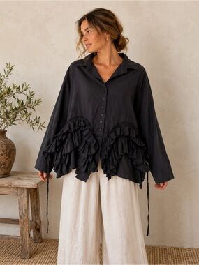 Krista Larson Black Cotton Ruffle Hem Button Down Oversized Shirt One Size